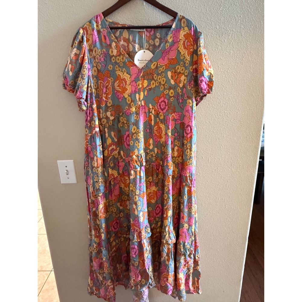 Rusttydustty Floral Maxi Dress 2XL Blue Orange Boho Tiered V-Neck Puff Sleeve